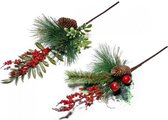 Branches de Noël avec baies rouges pailletées et pomme de pin - 2 pièces - 48 cm dont 18 cm tige
