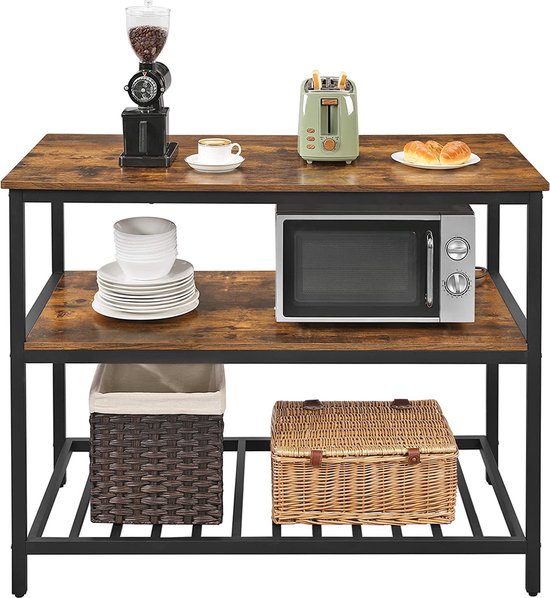 Keukenplank met 3 planken, keukeneiland met groot werkblad, stabiel metalen frame, 120 x 60 x 90 cm, eenvoudige montage, industrieel ontwerp, vintage bruin-zwart KKI01BX - Merkloos