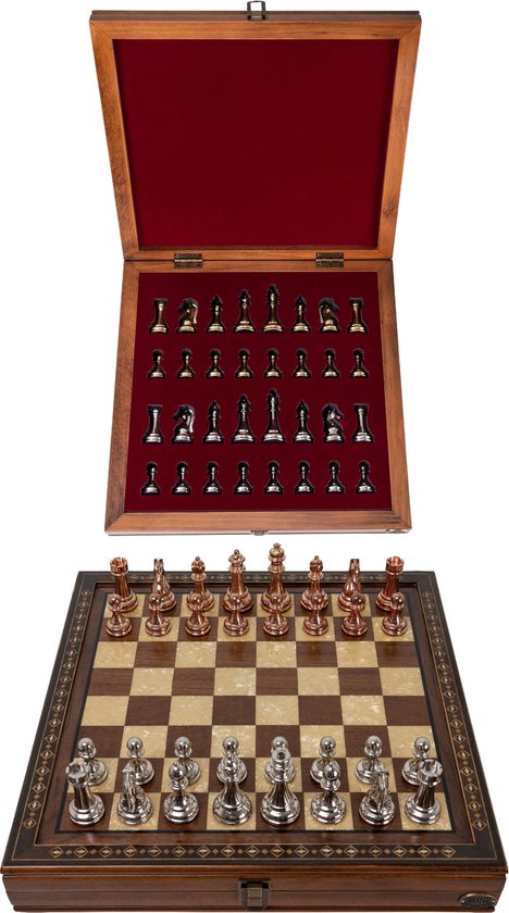 Handgemaakte houten schaakbord met opbergsysteem - Metalen Schaakstukken - Luxe uitgave - Schaakspel - Schaakset - Schaken - Chess - 40 x 40 cm