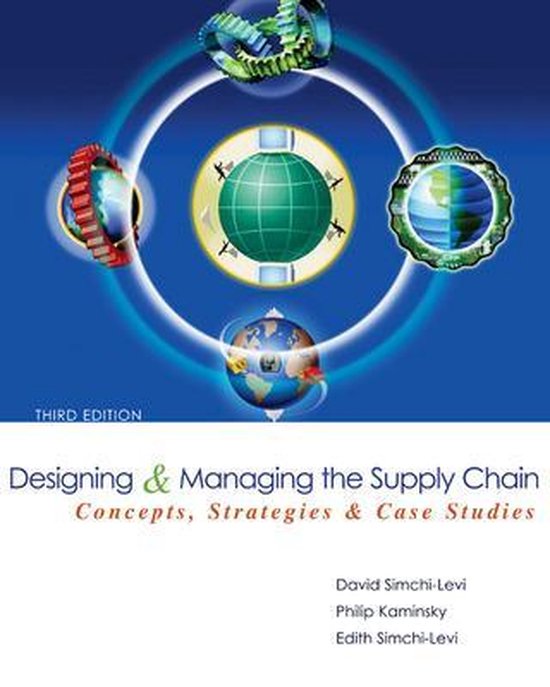 Boek 'Designing & Managing the Supply Chain', 3e editie, met een blauwe achtergrond en tandwielen en wereldbollen die een cirkel vormen.