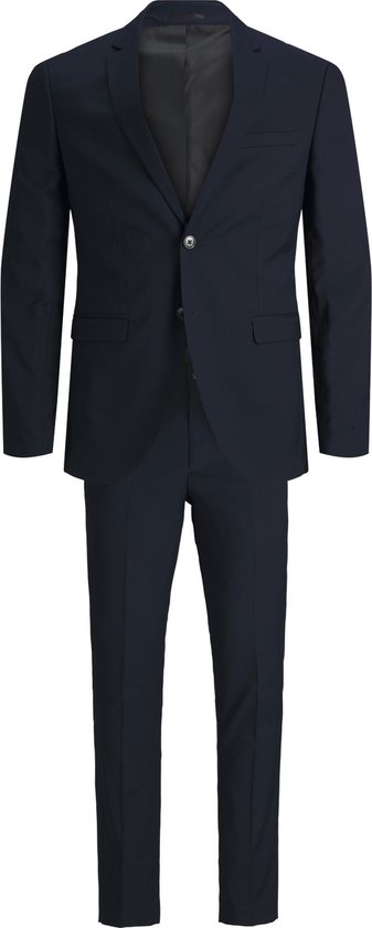 Costume bleu marine uni, comprenant une veste à un bouton et un pantalon.