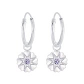 Joy|S - Zilveren hartjes bloem bedel rond oorbellen - oorringen - kristal paars/ lila