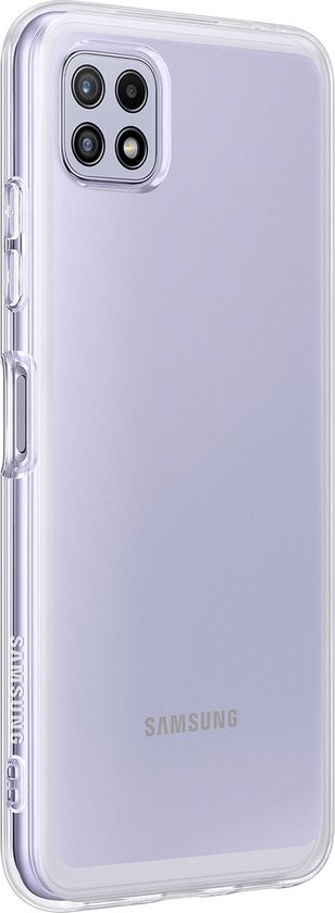 Lichtpaarse Samsung Galaxy A22 5G met transparant hoesje, met Samsung logo.
