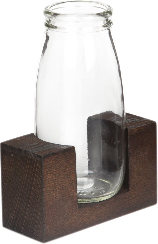 Joy Kitchen glazen vaas met houten standaard - set van 1 | tafel decoratie | vaas glas | houten voet | bloemenvaas | glazen vaasje | vaas glas transparant | glazen pot