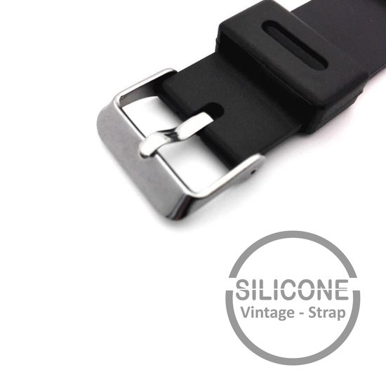 Close-up van de metalen gesp van een zwarte siliconen horlogeband. Vintage - Strap.