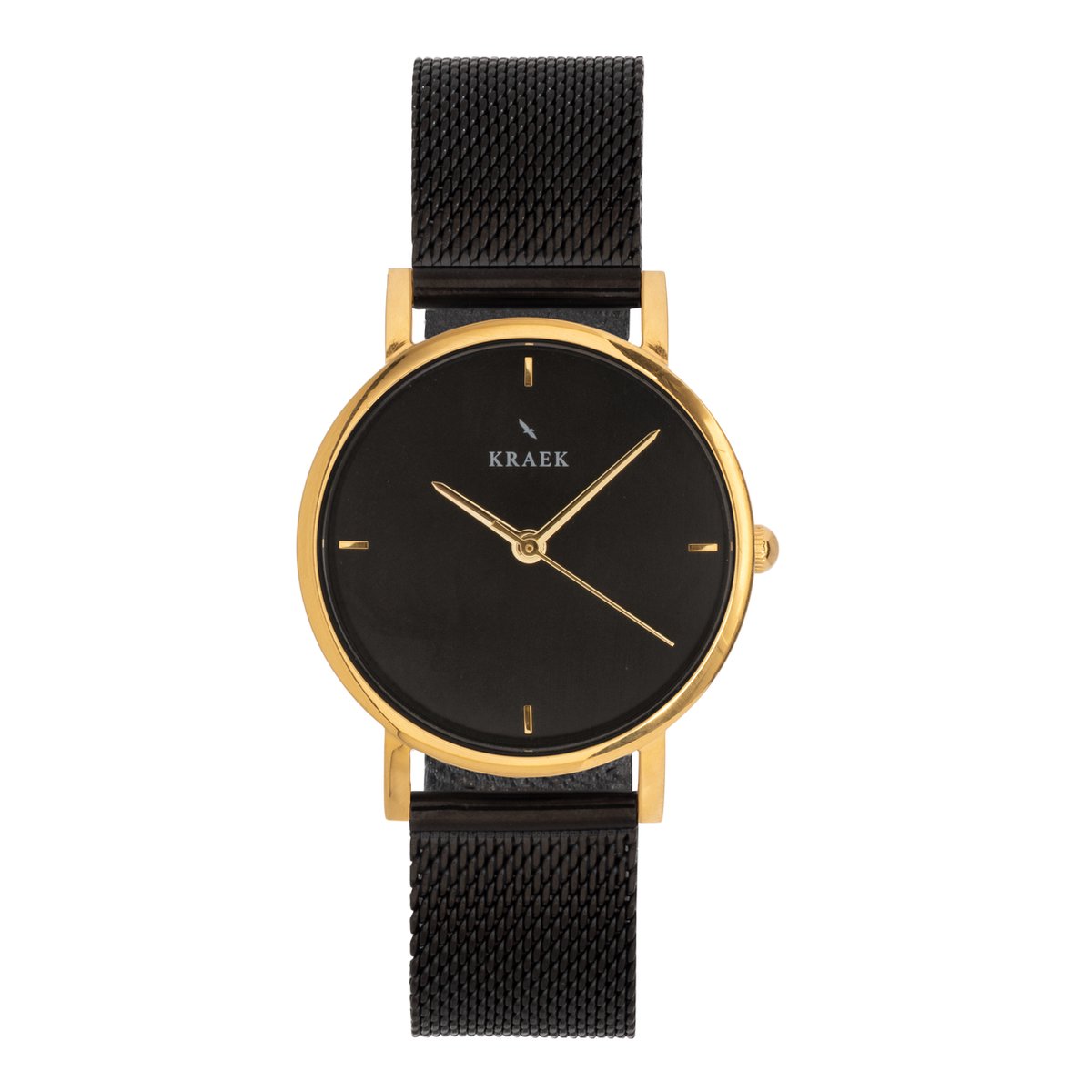 KRAEK Lina Goud met Zwarte Wijzerplaat 32 mm | Dames Horloge | Zwart mesh horlogebandje | Minimaal Design | Véjile collectie