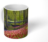Mok - Bloembedden langs een vijver in de Keukenhof in Nederland - 350 ML - Beker