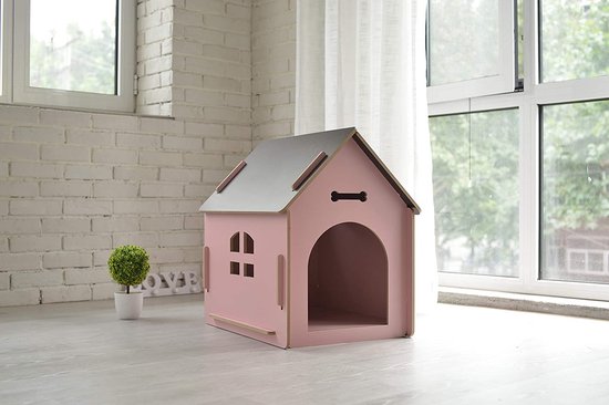 Houten hondenhok (M) 51x40x52cm voor binnen en buiten | hondenbox van hout voor middel grote honden | hondenhuis | hondenbed | weerbestendig | Roze