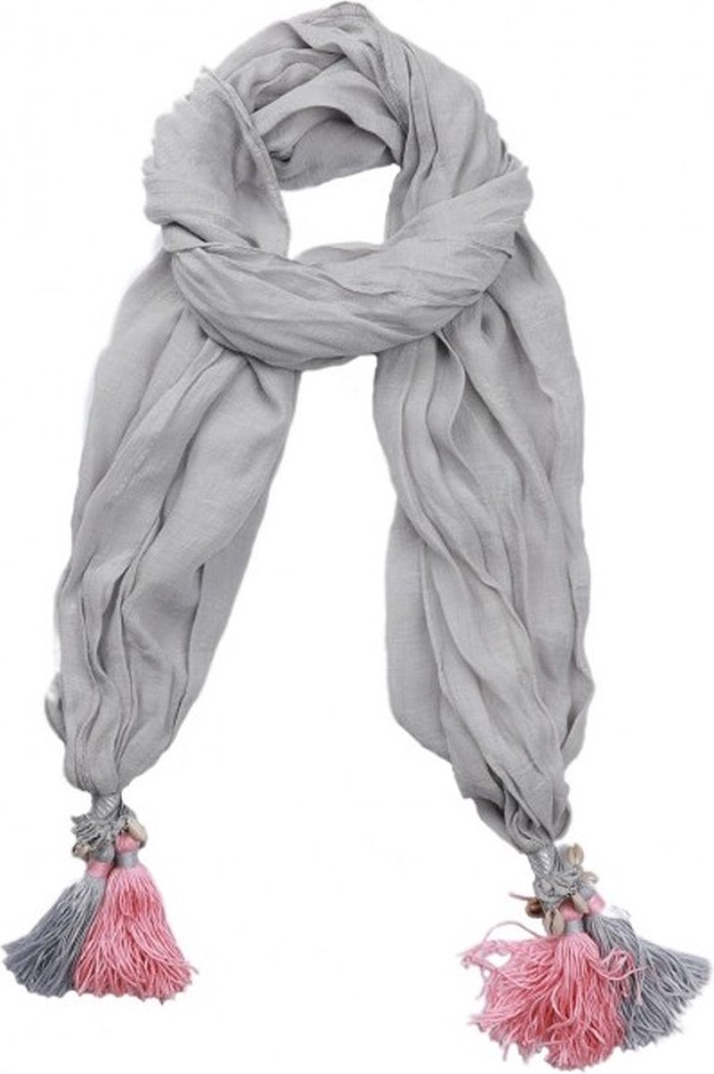 Sjaal met kauri schelpen en kwasten- grijs/roze-200x50 cm-Musthaves