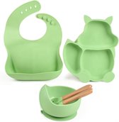 Kinderservies set - 5 delig - Groen - Baby servies set - Berenbord - Baby servies - Kinderbord - Kinderbestek - Kinderservies - Kinderbord met zuignap - Bord met zuignap