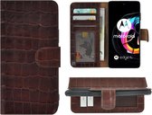 Motorola Moto Edge 20 Lite Hoesje - Bookcase - Portemonnee Hoes Echt leer Wallet case Croco Bruin