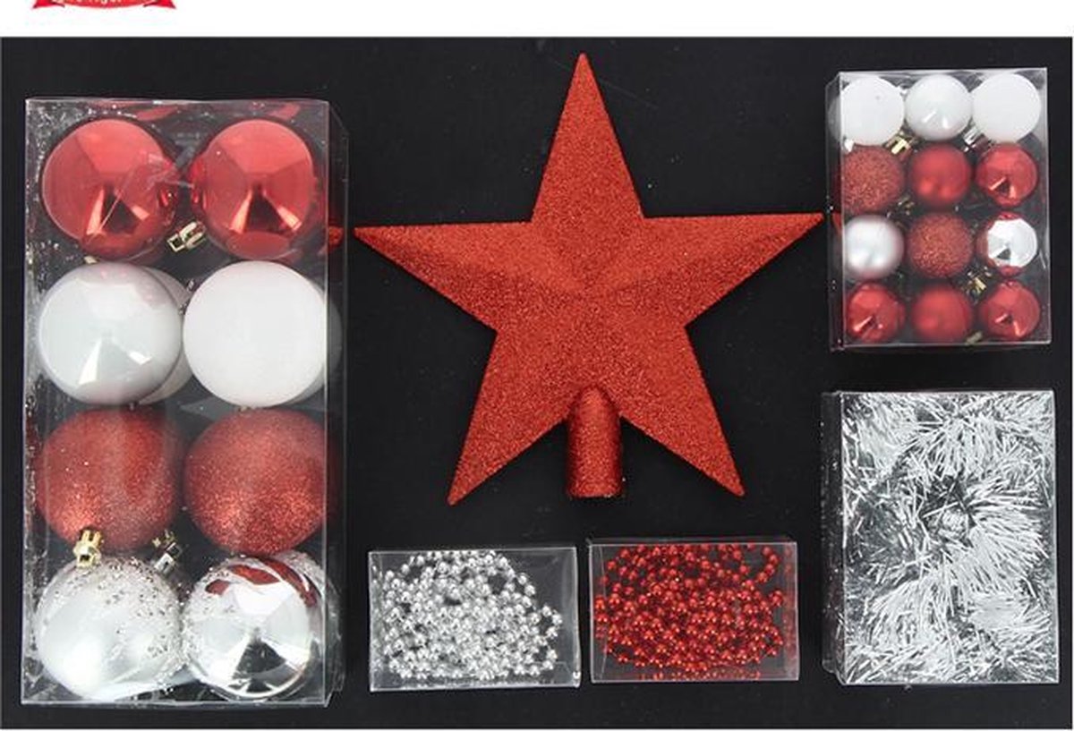 Kerstbal Kit & Rood / Zilver Climtstand - Set 44 stuks - Kunststof - Rood - SILUMEN - Kerstversiering met rode en zilveren ballen.