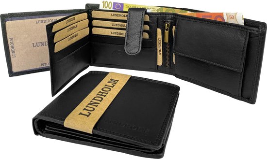 Lundholm Leren Heren portemonnee heren zwart leer - compact, stevig en veilig met RFID anti skim -  mannen cadeautjes cadeau voor man - Lundholm