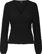 VERO MODA VMHOLLO L/S V-NECK SMOCK TOP EXP BLACK Dames Blouse - Maat S