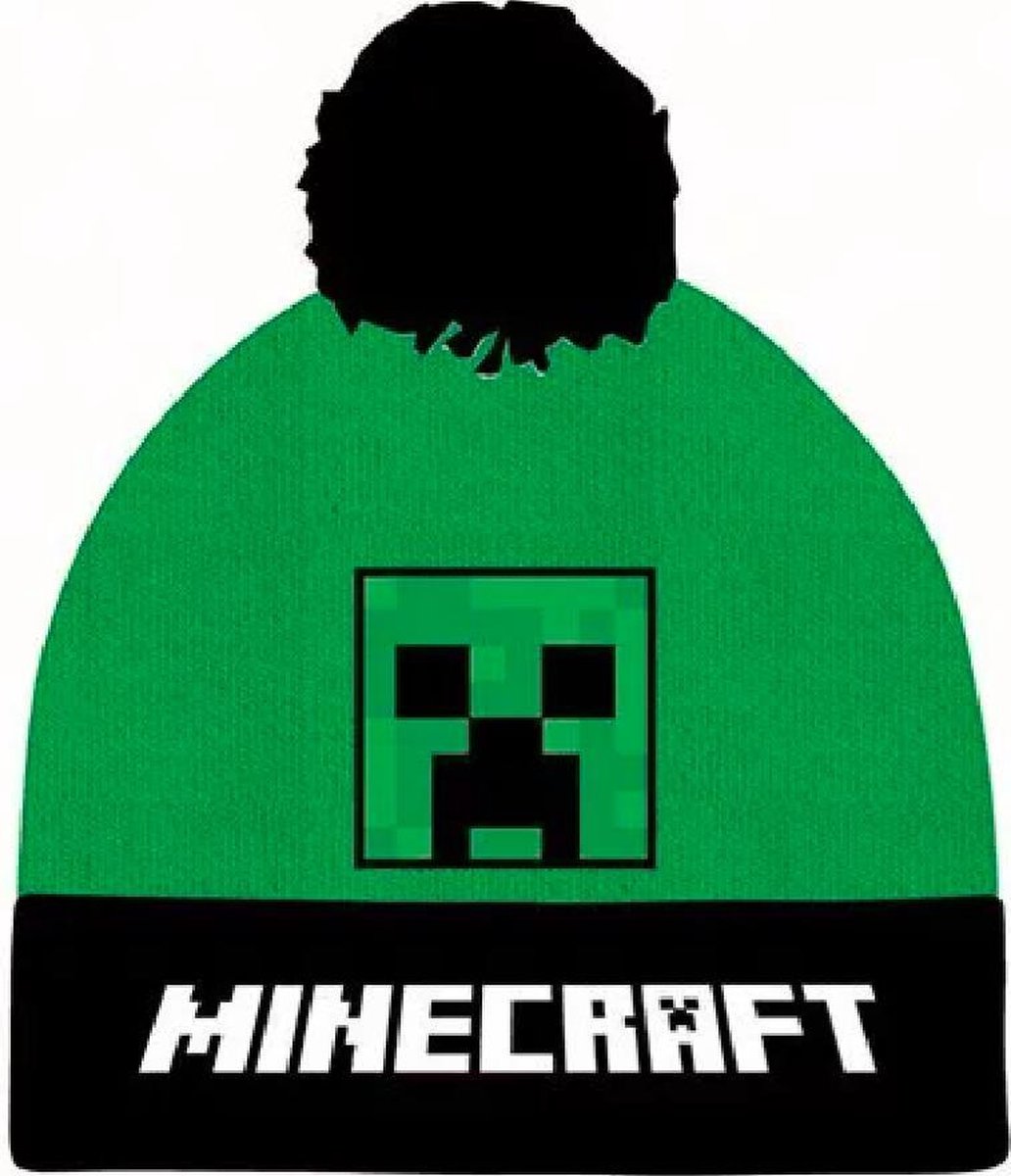 Minecraft Pompom Beanie muts Creeper - zwart - groen - Maat 54 cm