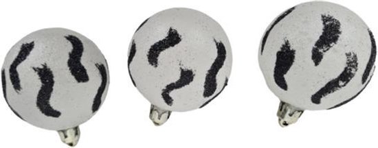 Boules de Noël - Avec rayures et paillettes - Wit / Zwart - Plastique - 3 Pièces