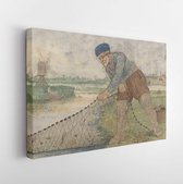 Canvas schilderij - A Fisherman Hauling in his Net, by Hendrick Avercamp, 1595-1634, Dutch painting, watercolor on paper. Fisherman wearing full cut gathered breeches and high boot