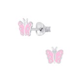 Joy|S - Zilveren vlinder oorbellen - roze met witte stipjes
