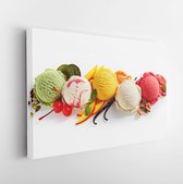 Canvas schilderij - Row of colorful ice cream scoops with decorations, shot from above, isolated on white background  -     606089522 - 80*60 Horizontal