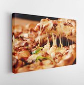 Canvas schilderij - Slice of hot pizza large cheese lunch or dinner crust seafood meat topping sauce.-     643604302 - 80*60 Horizontal