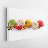 Canvas schilderij - Set of ice cream scoops of different colors and flavours with berries, nuts and fruits decoration isolated on white background  -     599397020 - 80*60 Horizont