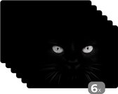 Placemat - Placemats kunststof - Close-up zwarte kat - zwart wit - 45x30 cm - 6 stuks - Hittebestendig - Anti-Slip - Onderlegger - Afneembaar