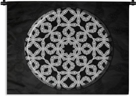 Wandkleed - Wanddoek - Zwart wit mandala van macramé - zwart wit - 150x112 cm - Wandtapijt