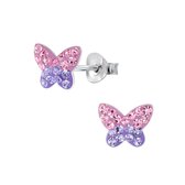 Joy|S - Zilveren vlinder oorbellen - 9 x 7 - roze met paars kristal