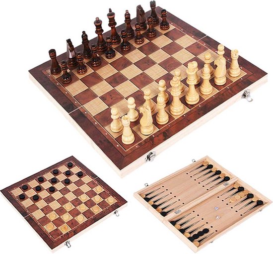 Thumbnail van een extra afbeelding van het spel 3 in 1 Schaakbord - Backgammon - Dammen - Schaakspel - Hout - 29x29 – Schaakspel – Opvouwbaar – Reisspellen