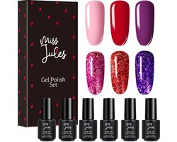 Miss Jules - 6-Delige Gellak Starterspakket - Nagellak - Kleur Rood, Paars & Glitter - HEMA & TPO Free - Glanzend & Dekkend resultaat