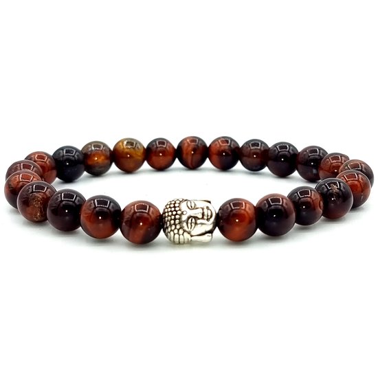 Bracelet Mala en pierre naturelle – Pierre Oeil de Bœuf / Oeil de Tigre Rouge – Bouddha / Bouddha – 20 cm - Rhylane®