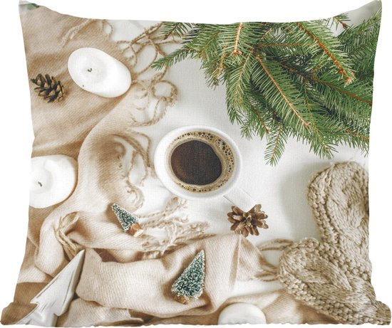 Sierkussens - Kussentjes Woonkamer - 50x50 cm - Winter - Koffie - Dennentak - Kerstversiering - Kerstdecoratie voor binnen - Woonkamer