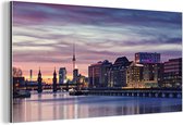 Wanddecoratie Metaal - Aluminium Schilderij Industrieel - Skyline - Lissabon - Zonsondergang - 120x60 cm - Dibond - Foto op aluminium - Industriële muurdecoratie - Voor de woonkamer/slaapkamer