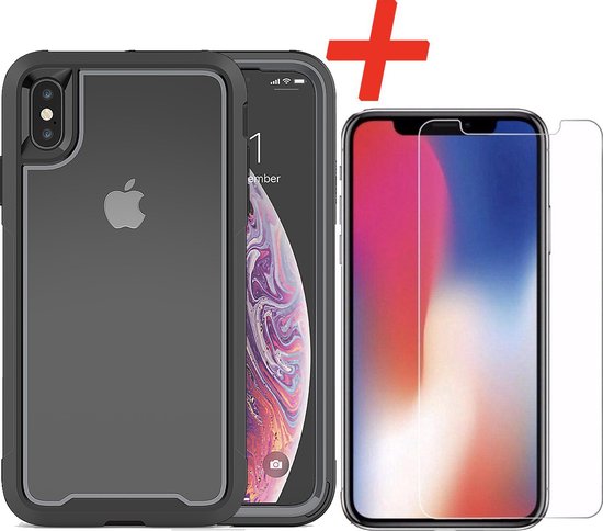 Coque de protection noire et protecteur d'écran pour iPhone X/XS, avec un signe '+' rouge dessus.