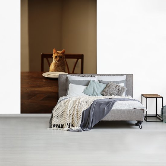 Behang - Fotobehang Kat - Eettafel - Bord - Breedte 200 cm x hoogte 300 cm