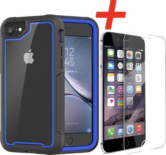 iPhone avec coque noire à bordure bleue et un protecteur d'écran à côté.