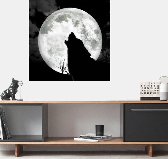 Allernieuwste Canvas Schilderij Huilende Wolf bij Maan - Kunst - Dieren - Poster - Realistisch - 70 x 70 cm - Zwart Wit