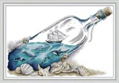 Borduur pakket, Zee in een fles, 42 x 30 cm, 14 ct, met blanco borduurstof en telpatroon