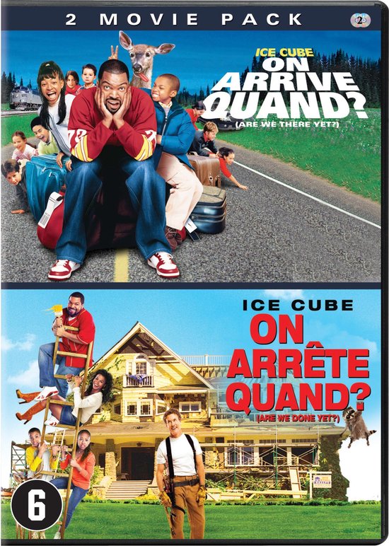 DVD-hoes met dubbelpakket van 'Are We Done Yet?' en 'Are We There Yet?'. Bevat Ice Cube met een groep kinderen en een wasbeer.