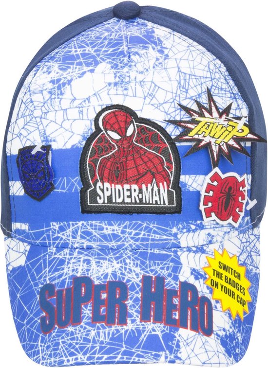 Spider-man pet/cap blauw maat 52 met verwisselbare badges