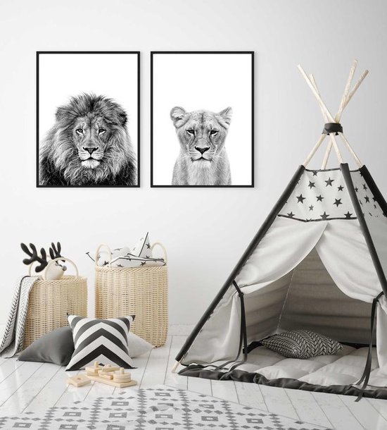 Affiches Zwart et blanc - Affiches Animaux - 2 pièces 30x40 cm - Lion & lionne - Décoration murale - Décoration chambre