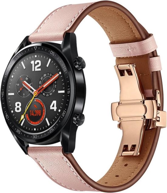 Universeel Smartwatch 22MM Bandje Echt Leer met Vlindersluiting Roze |  bol.com