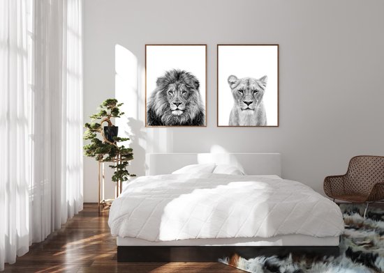 Affiches Zwart et blanc - Affiches Animaux - 2 pièces 30x40 cm - Lion & lionne - Décoration murale - Décoration chambre