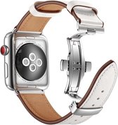 Apple Watch 44MM / 42MM Bandje Echt Leer met RVS Vlindersluiting Wit