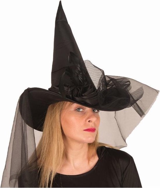Chapeau de sorcière haut noir Halloween avec voile | bol.com