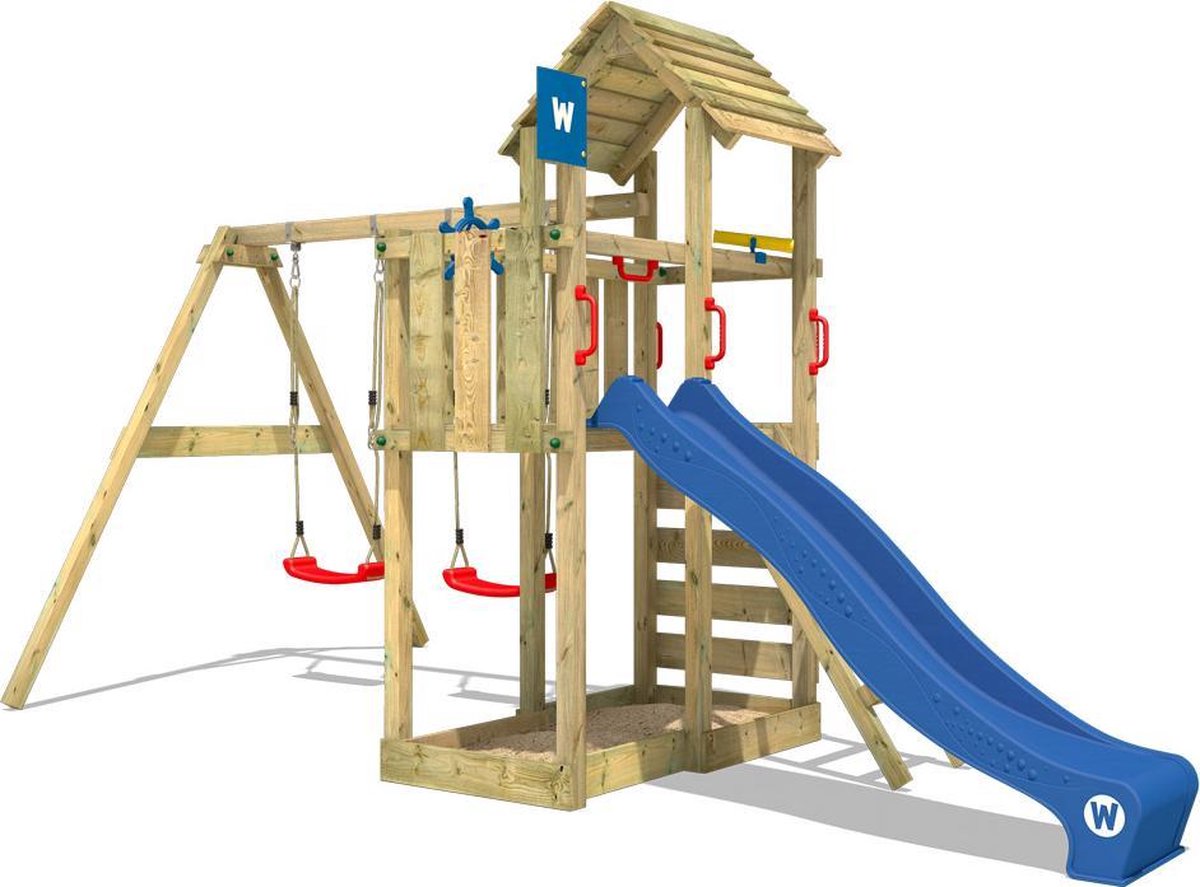 Wickey - Aire de jeux Portique bois MultiFlyer toit en bois avec