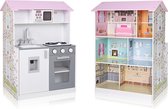 Meubilaire Kinderkeuken - Met poppenhuis - 2in1 - Gemaakt van hout - Roze