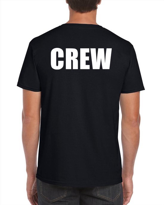 Foto: Crew grote maten t shirt zwart voor heren personeel medewerkers bedrukking aan voor en achterkant personeel shirt xxxl