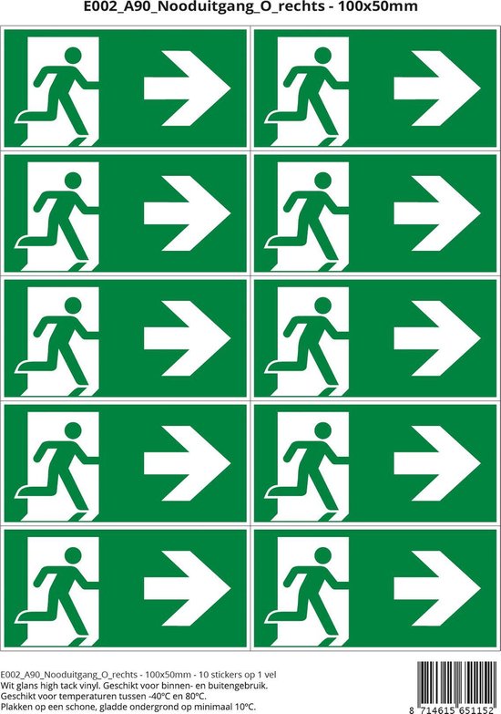 Pictogram sticker E002 A90 Nooduitgang O rechts - 100x50mm 10 stickers op 1 vel
