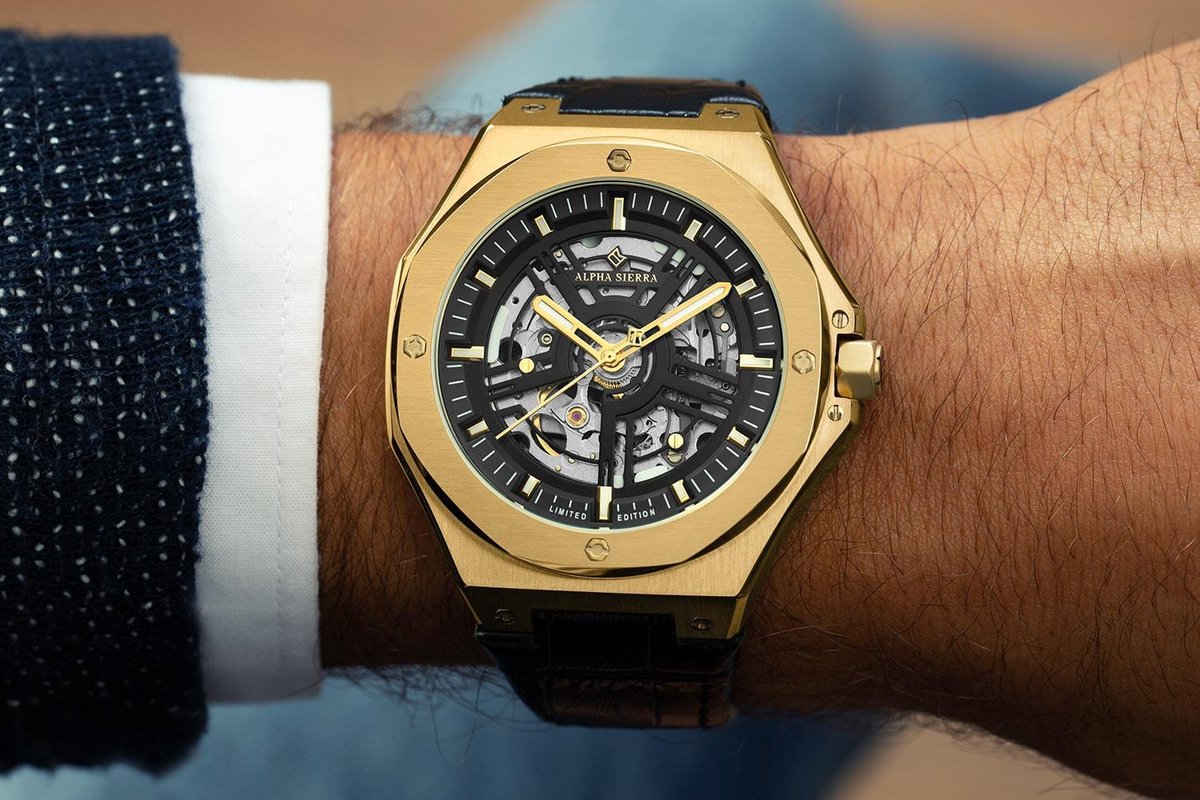 Alpha Sierra Falcon LVD188G - Goudkleurig / Zwart - Leren band -  Herenhorloge - Ø 45 mm | bol.com